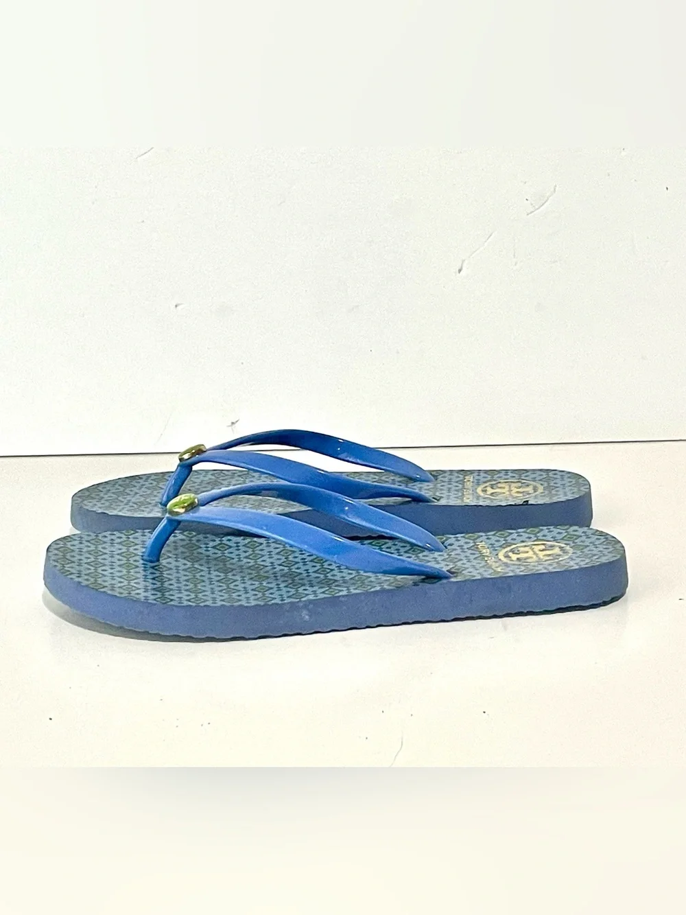 Tory Burch Blue Patterned Thong Sandals with Green Logo Accents Size 6